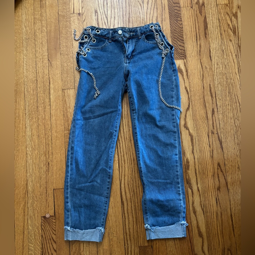 Blue Chain-Detail Cropped Jeans